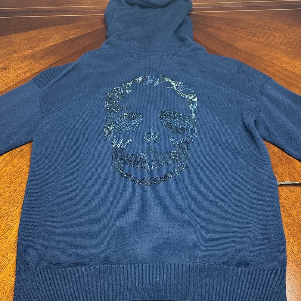Zadig & Voltaire Navy Zip Hoodie Cardigan Crystal Skull Navy Blue, oversized XS - Picture 3 of 13